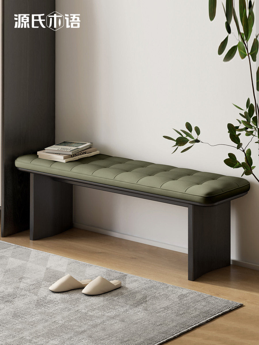 Solid wood ash bench, light luxury upholstered stool, black long bench, minimalist bedroom end-of-bed stool